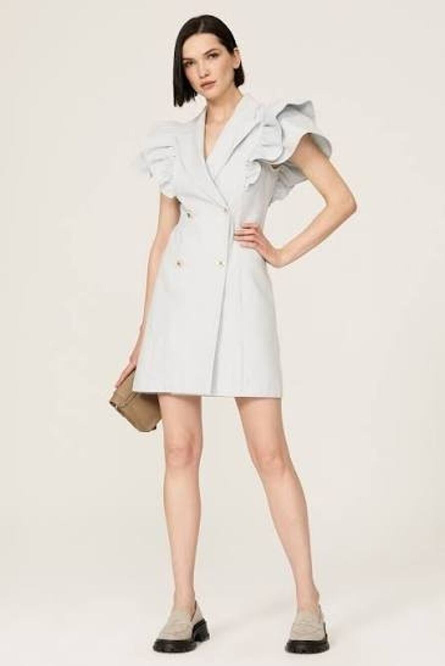Sandro Paris Angelina Double-Breasted Ruffled Mini Dress Light Blue 38 US Medium